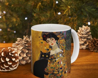 Klimt Adele Bloch-Bauer Black Cat Art Glossy Ceramic Mug, Whimsical Art Gift