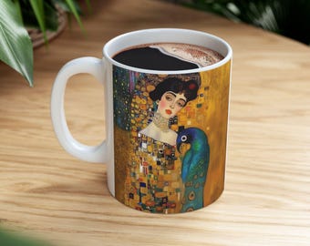Klimt Adele Bloch Bauer Mug: Blue Parrot Art, Whimsical Gift