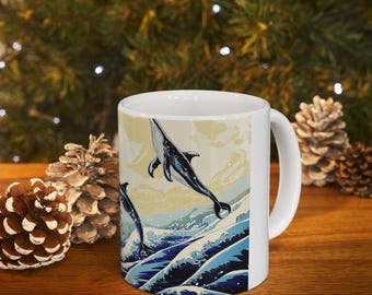 Great Wave Whale Mug, Hokusai Art Inspired, Whimsical Ocean Gift