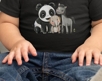 Joli t-shirt bébé panda, éléphant et cheval, amis des animaux, idéal pour un cadeau de baby shower