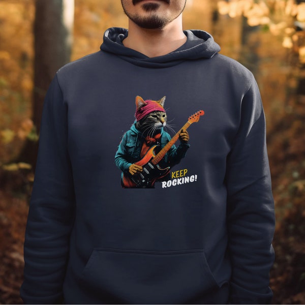 Hippy Cat Guitarist Hoodie for Guitarist Trendy Guitar Cat Pull Over for Rock band player Rock Band Sweater for Cat Lover Gift Idea Cat Band