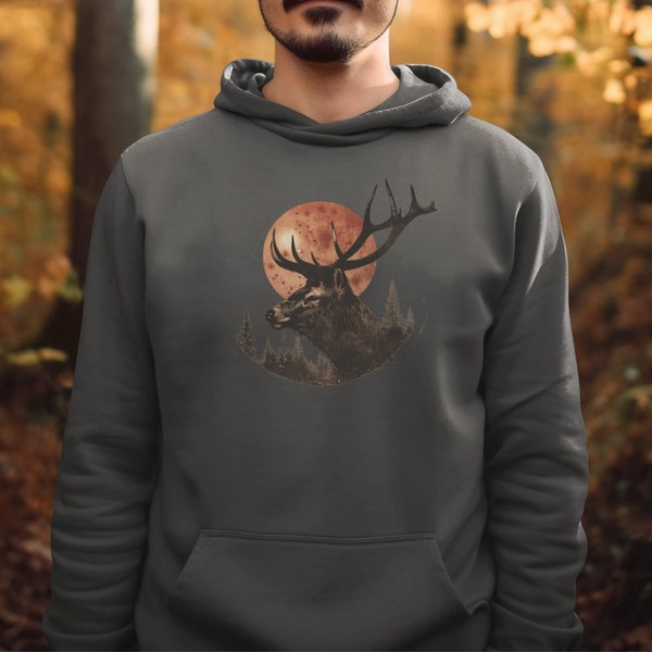 Forest Elk Hoodie for Hiking Reindeer Pullover for Animal Lover Nature Sweatshirt for Dad Reindeer Nature Sweater for Outdoor Gift