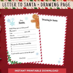 Carta a Papá Noel para imprimir con página para dibujar - Actividad navideña para completar espacios en blanco para niños - Descarga instantánea
