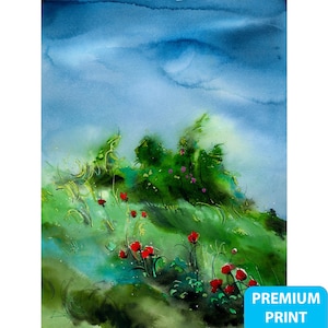 Watercolor Contemporary Floral Landscape, Expressive Meadow Art Print, Modern Wall Decor