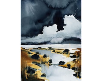 May include: Watercolor painting of a dramatic landscape featuring a dark, stormy sky above a body of water and a shoreline. The artwork uses shades of blue, gray, brown, and yellow to depict clouds, water, and land. The style is abstract and evocative.