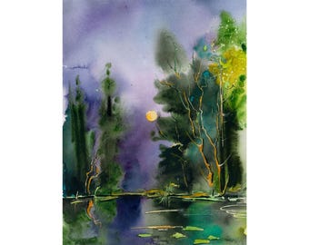 Watercolor Lakeside Painting, Moonlit Dusk Landscape Wall Art Print