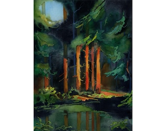 Watercolor Forest Night Painting, Contemporary Woodland Wall Art Print