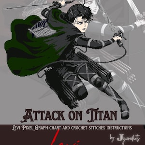 Könnte beinhalten: Pixelige Illustration eines Charakters aus "Attack on Titan" mit Schwertern und einem grünen Umhang. Das Bild enthält den Text "Attack on Titan" und "Levi Ackerman" mit Anweisungen für Pixel-Diagramme und Häkelstiche.