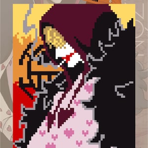 May include: Pixel graph crochet pattern featuring a character from the anime series One Piece. The design includes the text "DON QUIXOTE CORAZON ROSINANTE" and a straw hat illustration. The pattern is in a pixelated style, with a color palette of red, black, and pink.