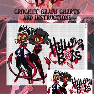 May include: Image of 'Helluva Boss' crochet graph charts and instructions. The design features the show's logo and pixelated character illustrations in red, black, and white. The text is in English.