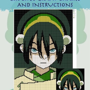 Puede incluir: Un gráfico de patrón de ganchillo e instrucciones con Toph Beifong de Avatar: El último maestro del aire. La imagen muestra un retrato pixelado de Toph en tonos verdes, amarillos y blancos, con el texto "Toph Beifong" y "Gráficos e instrucciones de ganchillo".