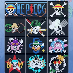 Può includere: Un poster a tema "One Piece" con vari disegni Jolly Roger. L'immagine include il logo "One Piece" e il testo "Flags Whole Blanket Pattern". Il testo in basso recita: "Can't get enough of One Piece anime?"