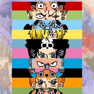 Op de afbeelding: Een kleurrijke afbeelding met gepixelde anime-personages uit One Piece, met de tekst "One Piece Anime Crochet Charts and Instructions." De afbeelding bevat ook de tekst: "Can't get enough of One Piece anime?" en vermeldt haakprojecten.
