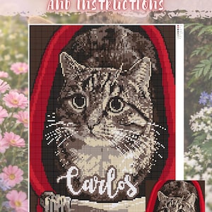 May include: A digital crochet graph chart featuring a tabby cat named Carlos. The image is a pixelated design with a red border and the text "Pet Pixel Crochet Graph Charts and Instructions" in pink script.
