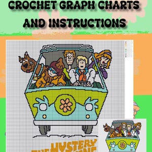 May include: A crochet graph chart and instruction set featuring the Mystery Machine van with Scooby-Doo and the gang. The grid pattern displays the van in light blue and green with a flower decal, and the text THE MYSTERY MACHINE in orange.