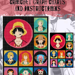 May include: A crochet pattern chart featuring characters from the anime series "One Piece." The design includes pixelated portraits of various characters in circular frames. The text "ONE PIECE" and "CROCHET GRAPH CHARTS AND INSTRUCTIONS" are also visible.