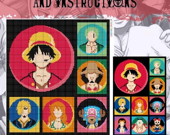 ¡ACTUALIZADO! Manta de ganchillo con collage de caras de anime One Piece, gráfico de píxeles, bloques de tapiz C2C, instrucciones escritas, patrón en PDF.
