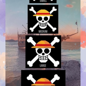 May include: A black background featuring a white skull and crossbones design, wearing a yellow and red hat. The image displays the design in four sizes: small, medium, large, and extra-large. A pirate ship is in the background.