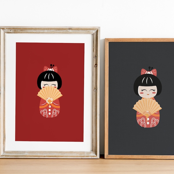 Japanese Doll, a set of 9 artwork, 3colors, Exhibition Wall Art, Child Bedroom, Digital Download, high-quality JPG
