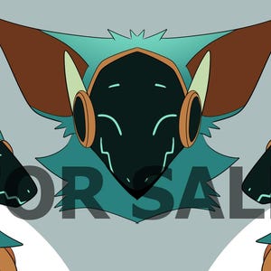 May include: Illustration of a stylized creature with teal fur, brown ears, and a black face with glowing teal accents. The image includes the text "FOR SALE" in a dark grey color.