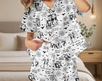 Pijama de satén de Jack Skellington y Sally, pijama de mujer de Pesadilla en Navidad, conjunto de pijama de Jack y Sally