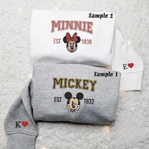 Mickey Minnie Embroidered Sweatshirt, Disney Couples Embroidered Hoodie, Custom Name Sleeve Embroidery Sweatshirt, Mickey Mouse Hoodie