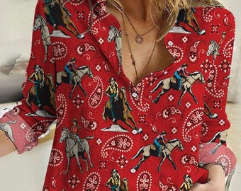 Cowgirl Reitpferd rotes Hemd, Pferdebluse Shirt für Frauen, Cowgirls Western Shirt, Mutter Tag Shirt, Landmädchen Casual Shirt
