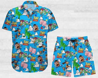 Toy Story Hawaiian Shirt, Disney Cartoon Button Shirt, Woody Buzz Lightyear Jessie Alien Man Shorts, Magic Kingdom Shirt