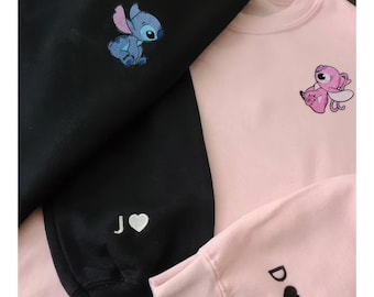 カスタムステッチとエンジェル刺繍スウェットシャツ、ディズニーカップル刺繍パーカー、お揃いパーカー、記念日ギフト