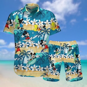 Mickey Hawaiian Shirt And Shorts, Disney Mouse Man Shorts, Cartoon Button Up Shirt, Hawaii Beach Shirt, Summer Short Sleeve Shirt