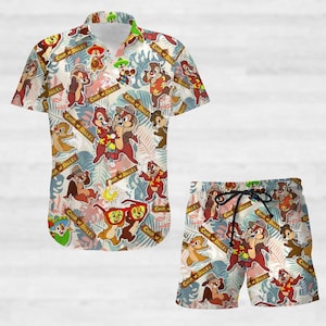 Camisa hawaiana de Chip y Dale, camisa floral de Disney, regalos de vacaciones de Disney, Reino Mágico divertido, camisa de verano de dibujos animados
