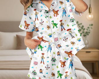 Pigiama di raso Toy Story, pigiama da donna con cartoni animati Disney, set pigiama Woody Buzz Lightyear Jessie Alien, pigiama di seta