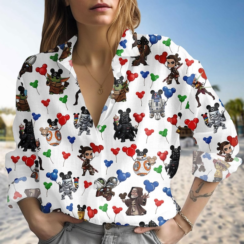 Star Wars Characters Blouse Shirt, Grogu Chewbacca Women Shirt, Star Wars Disney Men Shirt