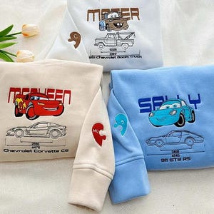 Moletom bordado Mcqueen e Sally, moletom com capuz combinando casal da Disney, camiseta bordada personagens de carros, presente para casal