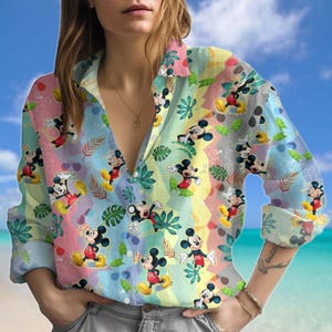 Mickey Mouse Linen-Look Shirt, Disney Mouse Blouse Shirt Women, Cartoon Women Shirt, Magic Kingdom Shirt, Disneyland Gift