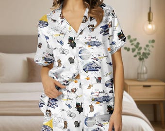 Star Wars Cats Satin Pajamas, Star Wars Characters Pajamas Set, Darth Vader Women Pajamas, Star Wars Tropical Pj Set
