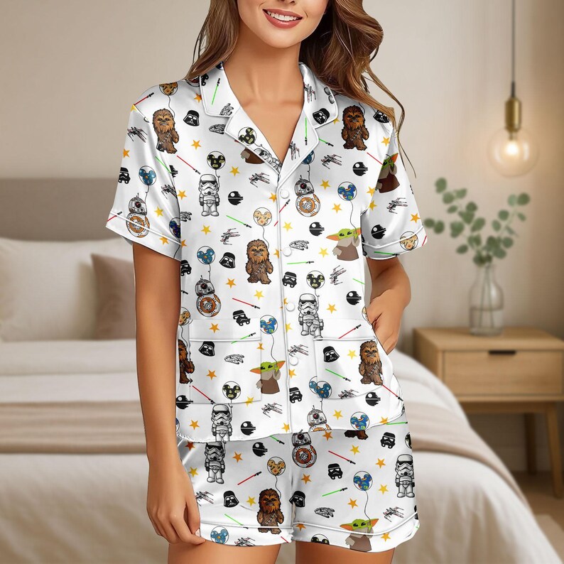 Star Wars Character Pajamas, Star Wars Disney Balloon Satin Pajamas, Baby Yoda Women Pajamas, Disneyland Vacation Gift