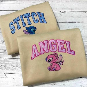 Halloween Stitch And Angel Embroidered Sweatshirt, Anniversary Embroidered Hoodie, Valentine&#39;s Gift, Disney Couple Sweatshirt