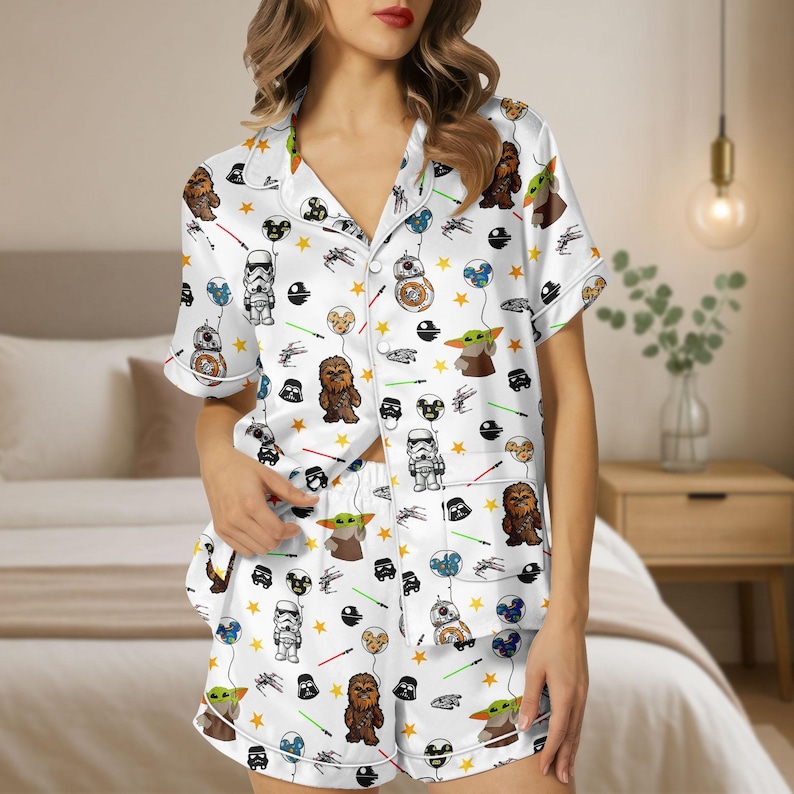 Star Wars Character Pajamas, Star Wars Disney Balloon Satin Pajamas, Baby Yoda Women Pajamas, Disneyland Vacation Gift