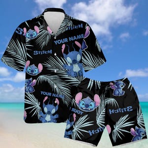 Camisa hawaiana personalizada con puntadas, camisa con botones de dibujos animados, short Disney Man, camisa tropical de Stitch, regalo para fans