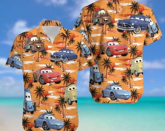 Camisa hawaiana de Cars de Disney, camisa con botones de Rayo McQueen, camisa hawaiana de Mater, camisa con botones de películas de Disney, regalo para él
