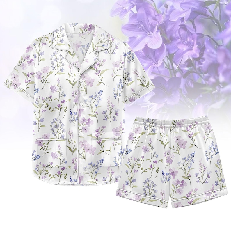 Boho Cottagecore Satin Pajamas, Wildflowers Women Pajamas, Vintage Floral Pajamas Set, Botanical Floral Pjs, Nature Lover Gift