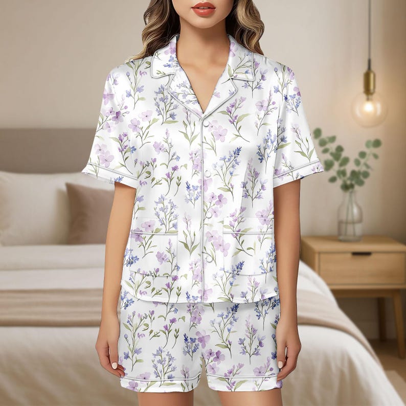 Boho Cottagecore Satin Pajamas, Wildflowers Women Pajamas, Vintage Floral Pajamas Set, Botanical Floral Pjs, Nature Lover Gift