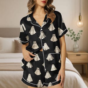 Halloween Satin Pajamas, Boo Ghost Pajamas Set, Spooky Ghost Women Pajamas, Horror Holiday Pajamas, Fall Pajamas