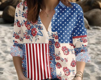 Blusa informal con estampado floral de EE. UU., camisa floral patriótica bohemia para mujer, camisa de manga larga con la bandera estadounidense, atuendo para el 4 de julio, regalo para ella.