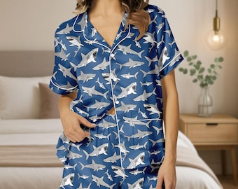 Shark Blouse Satin Pajamas, Sea Animal Women Pajamas, Ocean Lover Gift, Sea Life Cozy Sleepwear, Fish Lover Gift, Cute Oceancore Ocean