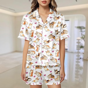 Corgis Satin Pyjama Set, Hundemama Seidenpyjamas, Liebhaber Geschenk, Tierliebhaber Frauen Pyjamas, Corgis Liebhaber Geschenke, Corgis Mama Pjs