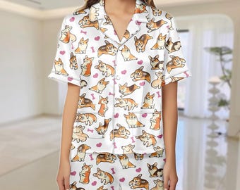 Pijama de satén para Corgi, pijama de seda para mamá perruna, regalo para amantes de las mascotas, pijama para mujer amante de los animales, regalos para amantes de los Corgi, pijama para mamá Corgi