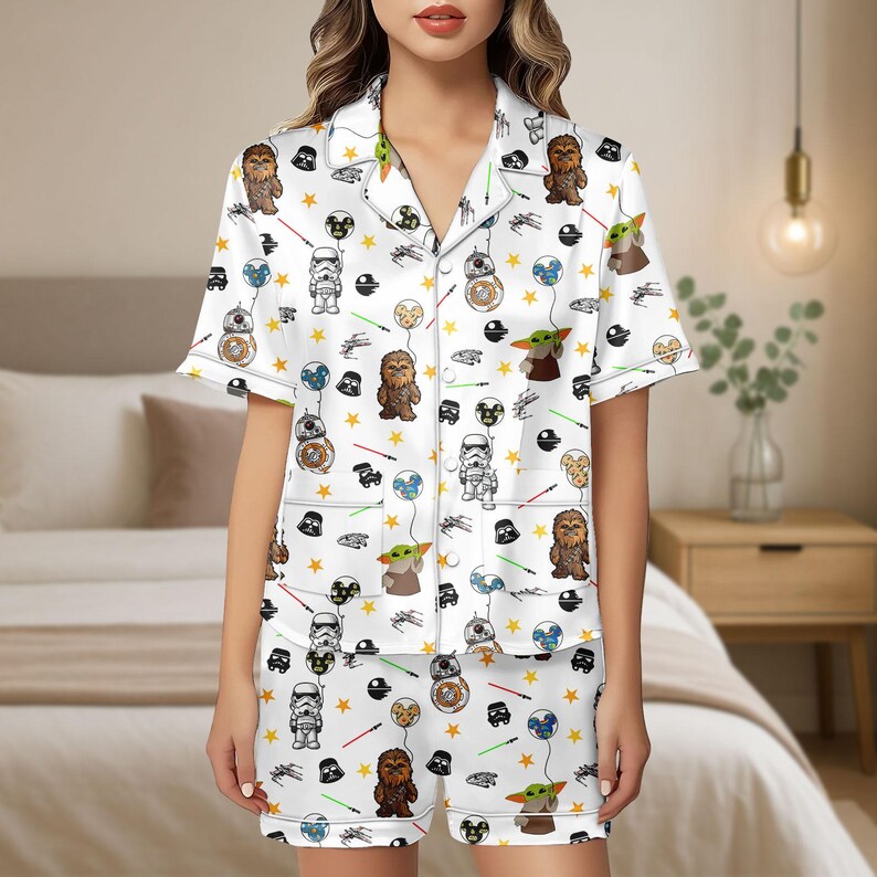 Star Wars Character Pajamas, Star Wars Disney Balloon Satin Pajamas, Baby Yoda Women Pajamas, Disneyland Vacation Gift