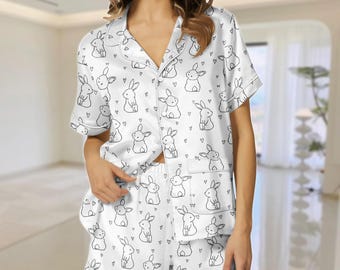 Pijama de satén con forma de conejo, blusa de conejito para mujer, regalo para amantes de los animales, pantalones cortos de pijama para mamá conejo, regalo para mujer
